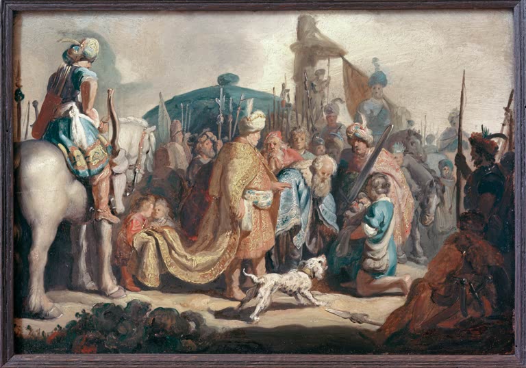 David kniet mit dem Haupte Goliaths vor Saul | Rembrandt van Rijn