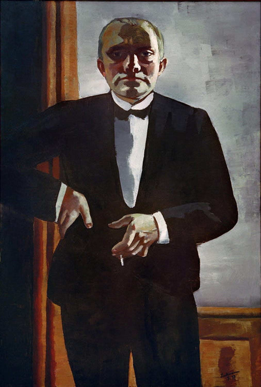 Kunstdruck von Max Beckmanns „Selbstbildnis im Frack“ ein expressionistisches Selbstporträt mit intensivem Blick und starker Licht- und Schattenführung.