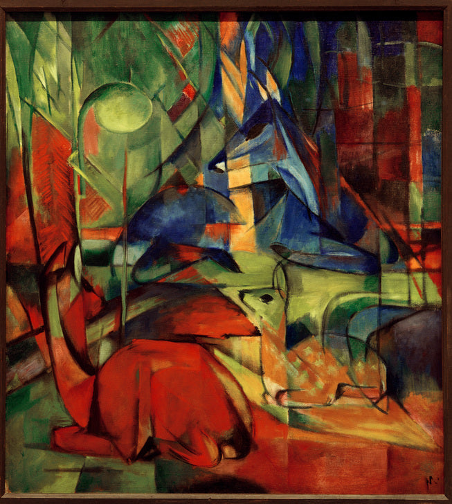 Rehe im Walde von Franz Marc: Eine Gruppe von Rehen in einer harmonischen, farbenfrohen Waldlandschaft, ausdrucksstarkes Werk des Expressionismus.