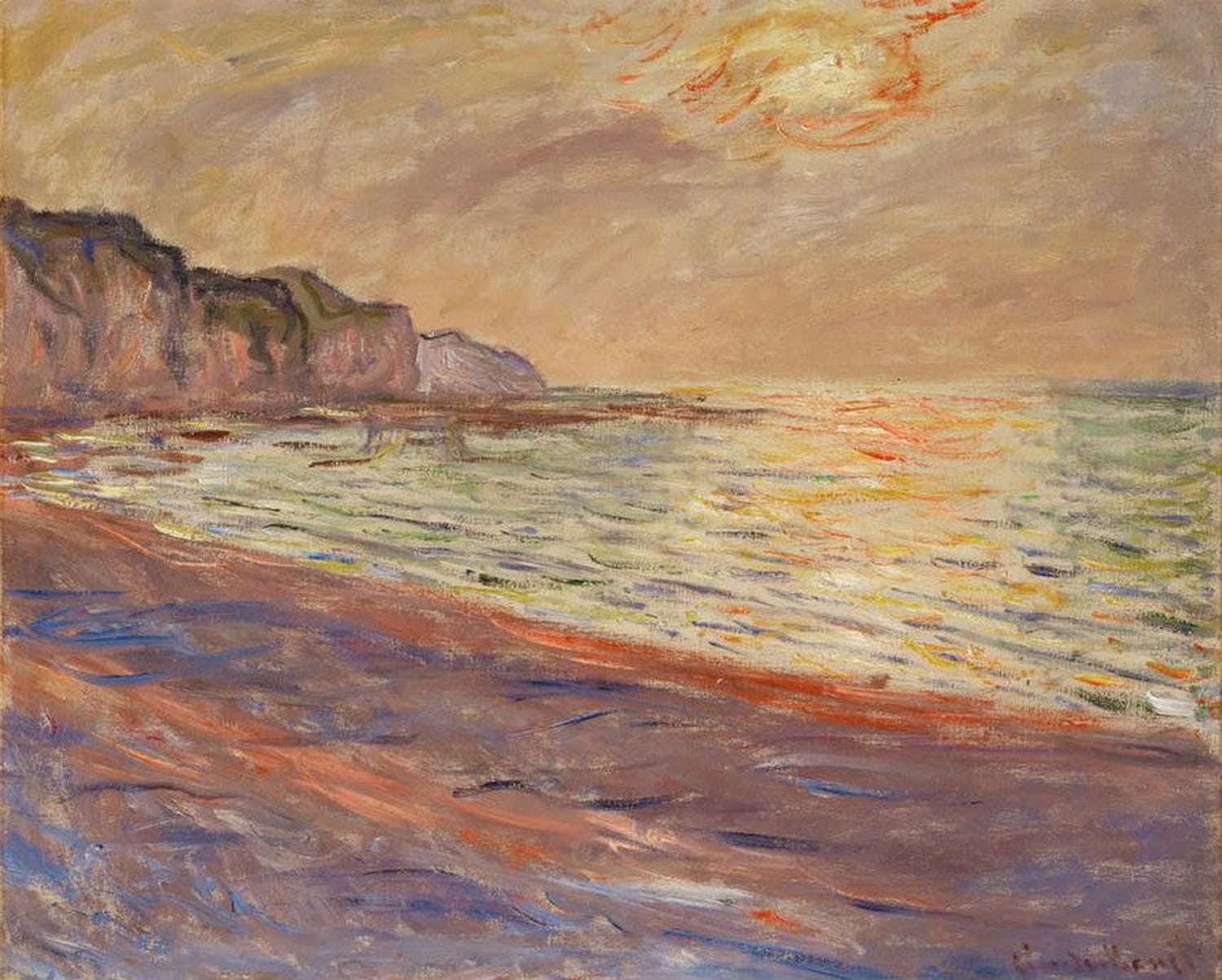 Impressionistische Küstenszene bei Sonnenuntergang von Claude Monet mit warmen Farben und ruhigem Meer in Pourville.