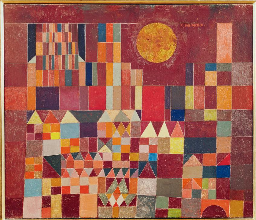 Paul Klees 'Schloss und Sonne', zeigt eine surrealistische Darstellung eines Schlosses unter einer leuchtenden Sonne, kombiniert mit geometrischen Formen und lebendigen Farben."