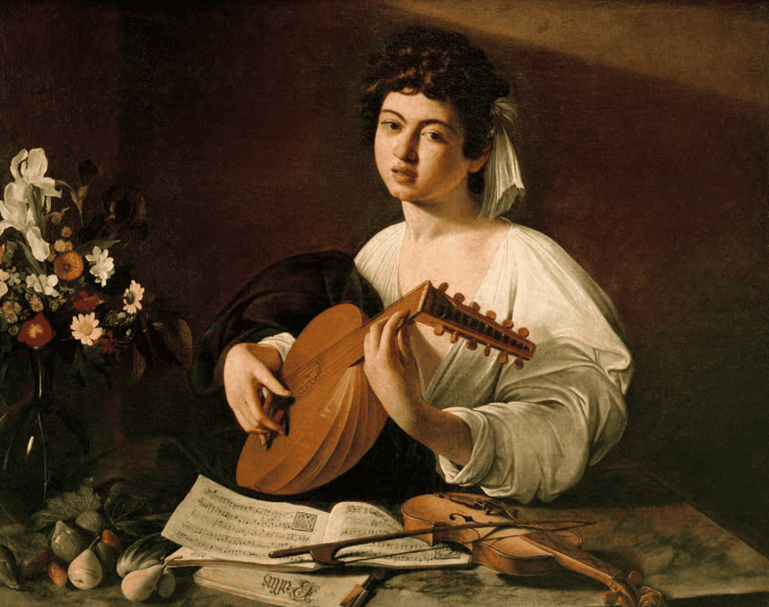 Der Lautenspieler von Michelangelo Caravaggio – barockes Gemälde eines jungen Musikers mit Laute im dramatischen Hell-Dunkel-Stil