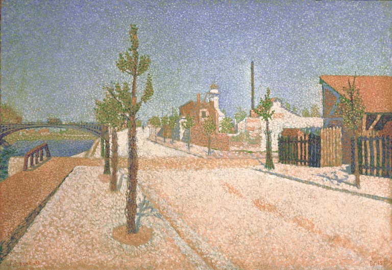 „Quai de Clichy“ von Paul Signac – farbenfrohe neoimpressionistische Uferlandschaft an der Seine mit Booten und Bebauung.