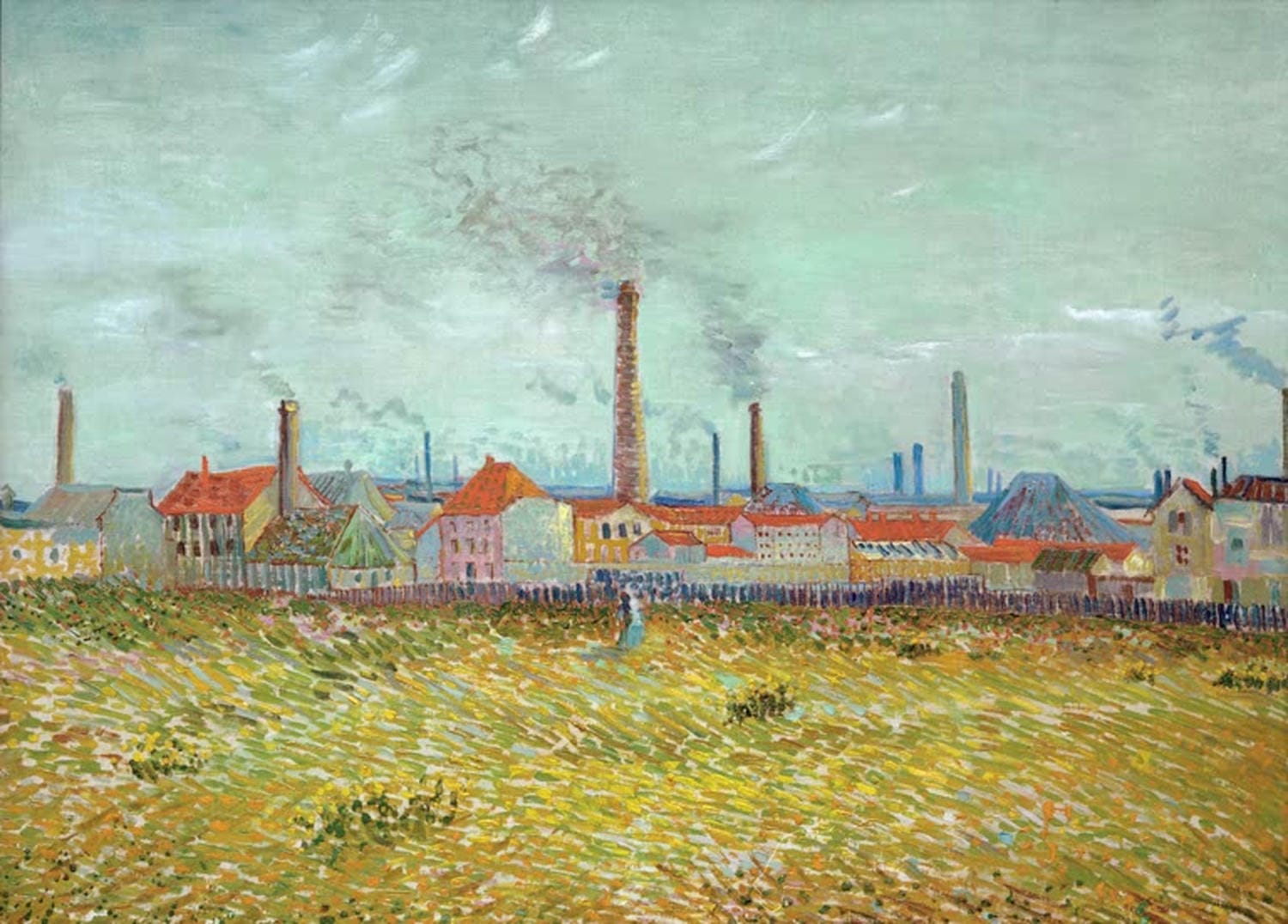 „Fabriken in Asnières“ von Vincent van Gogh: industrielle Gebäude am Flussufer, mit rauchenden Schornsteinen, in lebendigen Farben und markanten Pinselstrichen dargestellt.