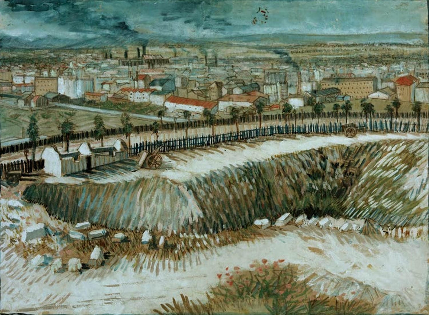 Kunstdruck des Gemäldes „Am Stadtrand von Paris nahe Montmartre“ von Vincent van Gogh mit Häusern, Straßen und Bäumen in lebendigen Farben