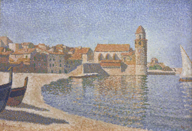 „Ansicht von Collioure“ von Paul Signac – farbenfrohe neoimpressionistische Küstenlandschaft mit Häusern, Meer und mediterranem Licht.
