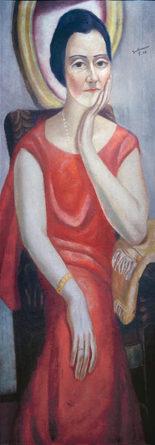 Kunstdruck von Max Beckmanns „Bildnis der Käthe von Porada“ (1924), ein Porträt einer Frau in rotem Kleid mit Spiegel im Hintergrund.
