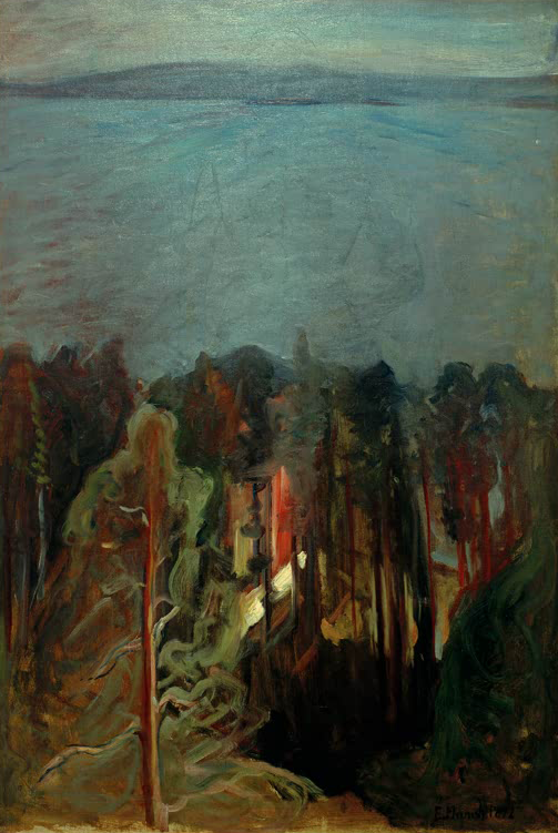 Gemälde „Brennende Leidenschaft, Ljan (Nordstrand)“ von Edvard Munch – expressionistische, farbintensive Landschaft