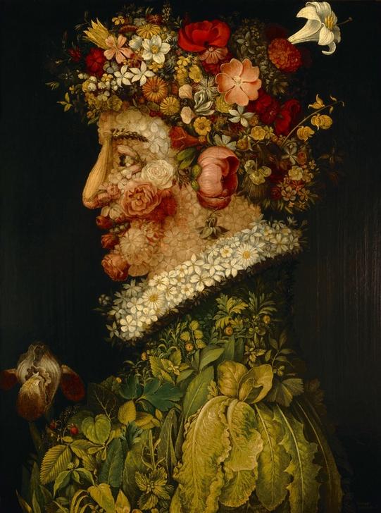 Kunstdruck von Giuseppe Arcimboldos Frühling, das ein Porträt zeigt, das aus einer Vielzahl von Blumen besteht und die Erneuerung des Lebens symbolisiert.