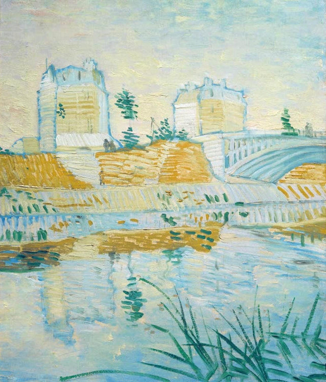 „Pont de Clichy“ von Vincent van Gogh – postimpressionistische Ansicht einer Brücke über die Seine, mit expressiven Farben und lebendiger Pinselführung.