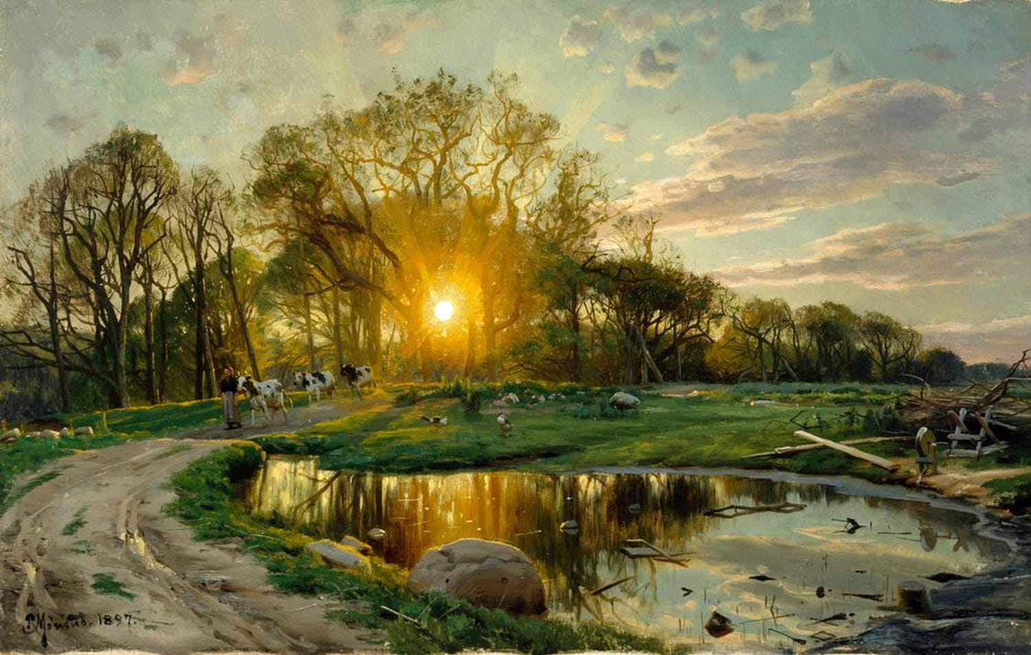 Peder Mønsteds "Heimbringen der Kühe bei Sonnenuntergang“ als hochwertiger Kunstdruck – meisterhafte Landschaftsmalerei voller Licht, Ruhe und ländlicher Schönheit. Jetzt entdecken!