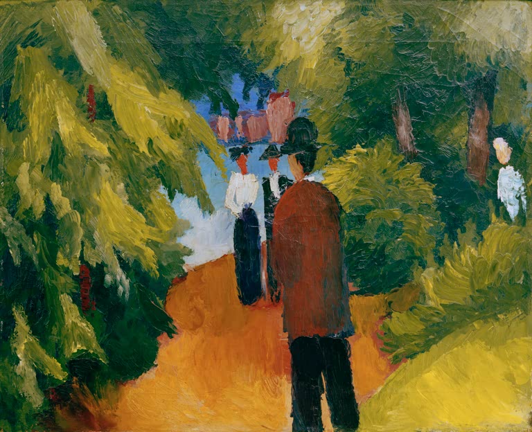 Gemälde Park am Wasser von August Macke mit Spaziergängern in einer farbigen Parklandschaft