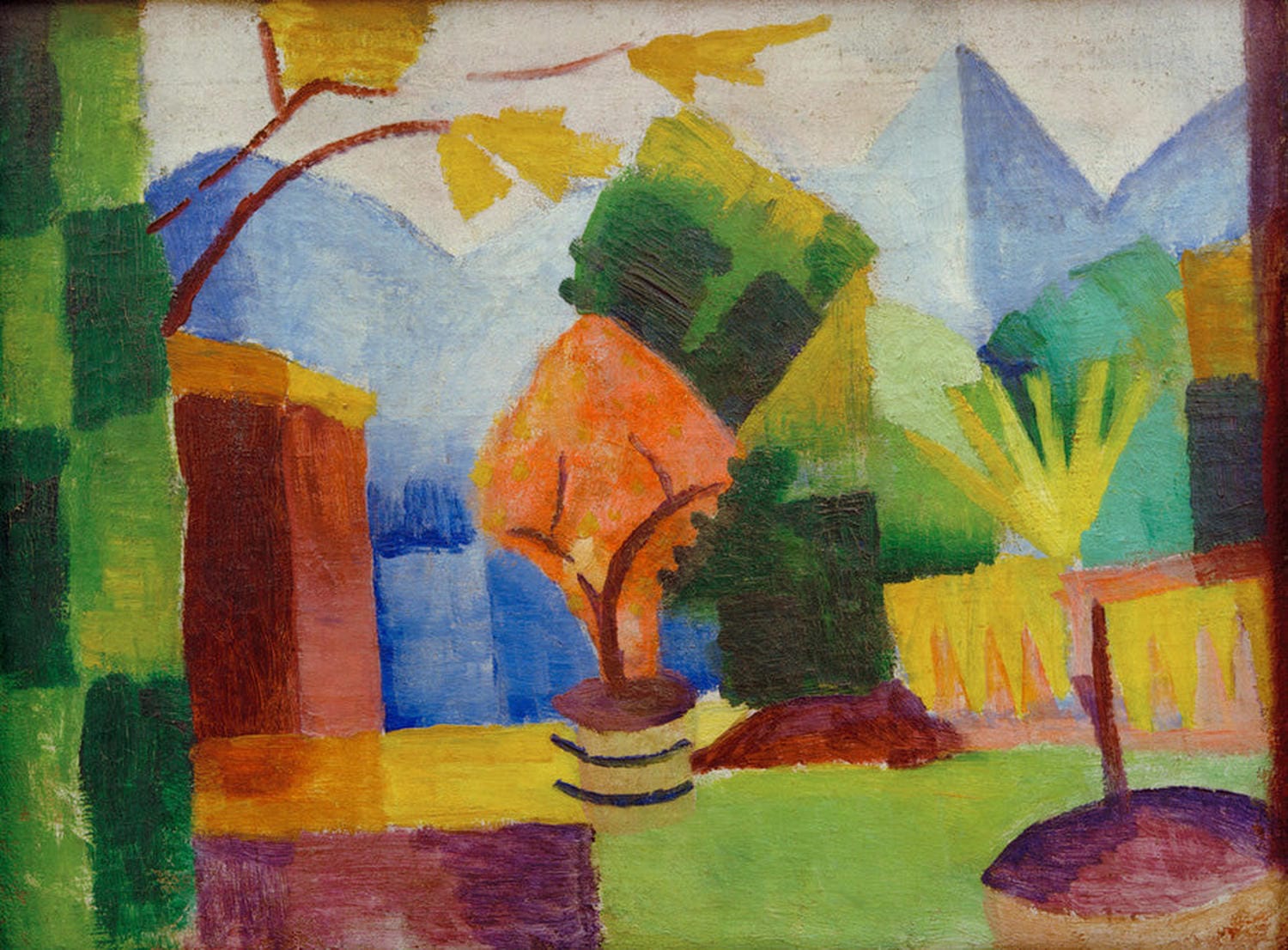 Farbenfroher Garten mit Blick auf den Thuner See, expressionistisch gemalt von August Macke.