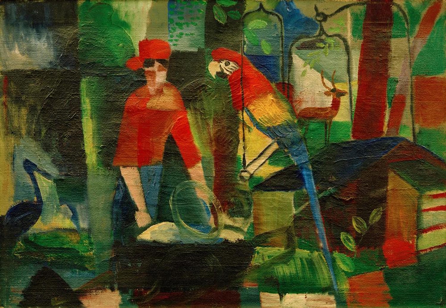 Gemälde 'Frau mit Papagei' von August Macke: Expressionistische Darstellung einer Frau, die einen Papagei hält, umgeben von leuchtenden Farben wie Blau, Grün und Rot, die eine lebendige und emotionale Atmosphäre schaffen.