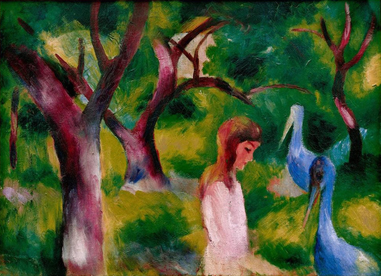 Gemälde 'Mädchen mit blauen Vögeln' von August Macke: Expressionistische Darstellung eines Mädchens mit blauen Vögeln in den Händen, umgeben von leuchtenden Farben und geometrischen Mustern.