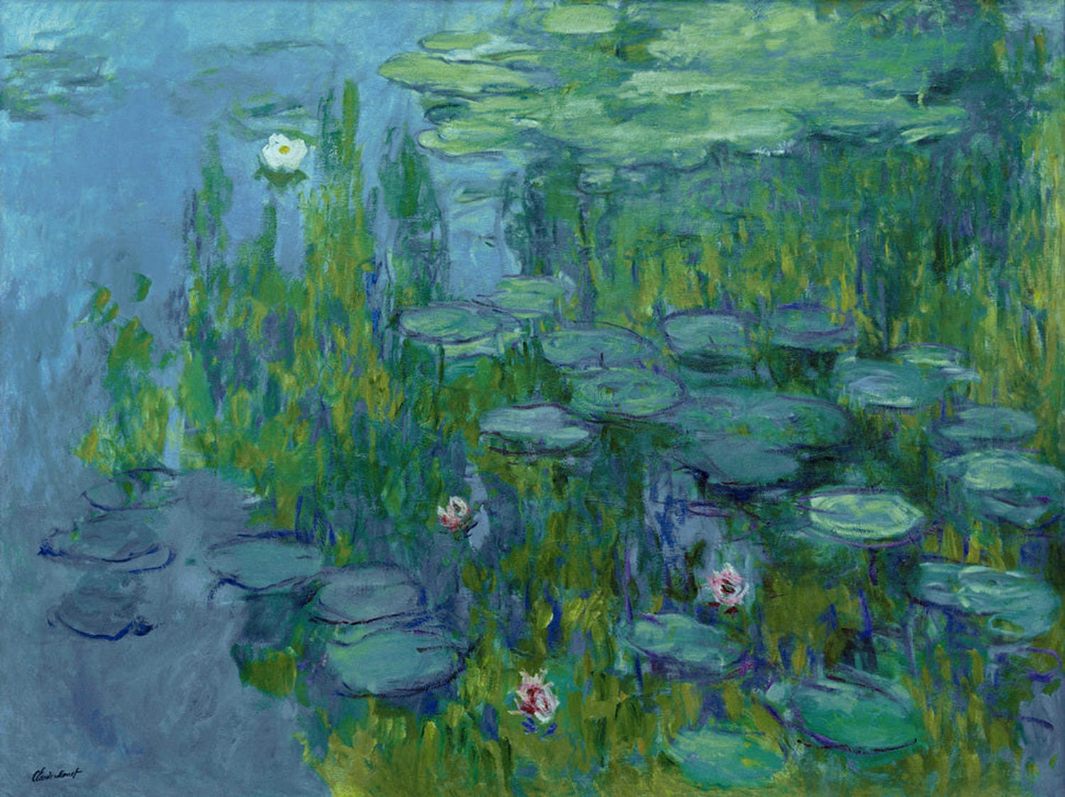 Kunstreproduktion von Claude Monets Seerosen mit zarten Blüten auf einem ruhigen Teich im impressionistischen Stil.