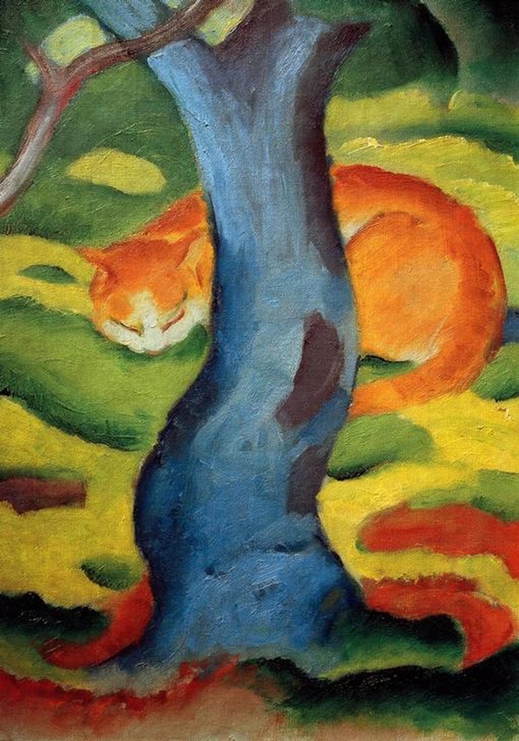 Katze hinter einem Baum von Franz Marc: Eine farbenfrohe Darstellung einer Katze, die hinter einem Baumstamm hervorschaut, ausdrucksstarkes Werk des Expressionismus.