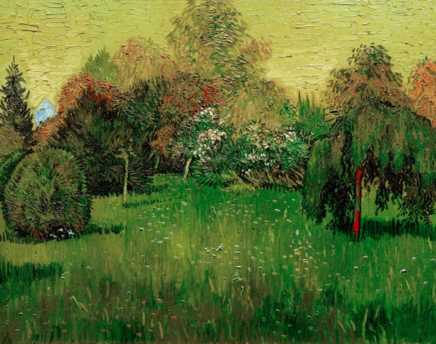 „Der Dichtergarten“ von Vincent van Gogh: blühender Garten mit Wegen und Pflanzen in lebendigen Farben und dynamischen Pinselstrichen dargestellt.