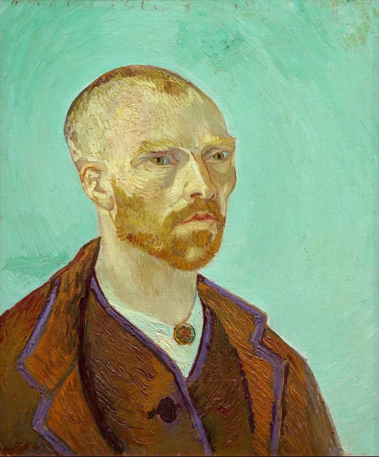 Kunstdruck des Selbstbildnisses von Vincent van Gogh mit rot-brauner Jacke vor türkisem Hintergrund, expressiven Pinselstrichen und intensiven Farben.