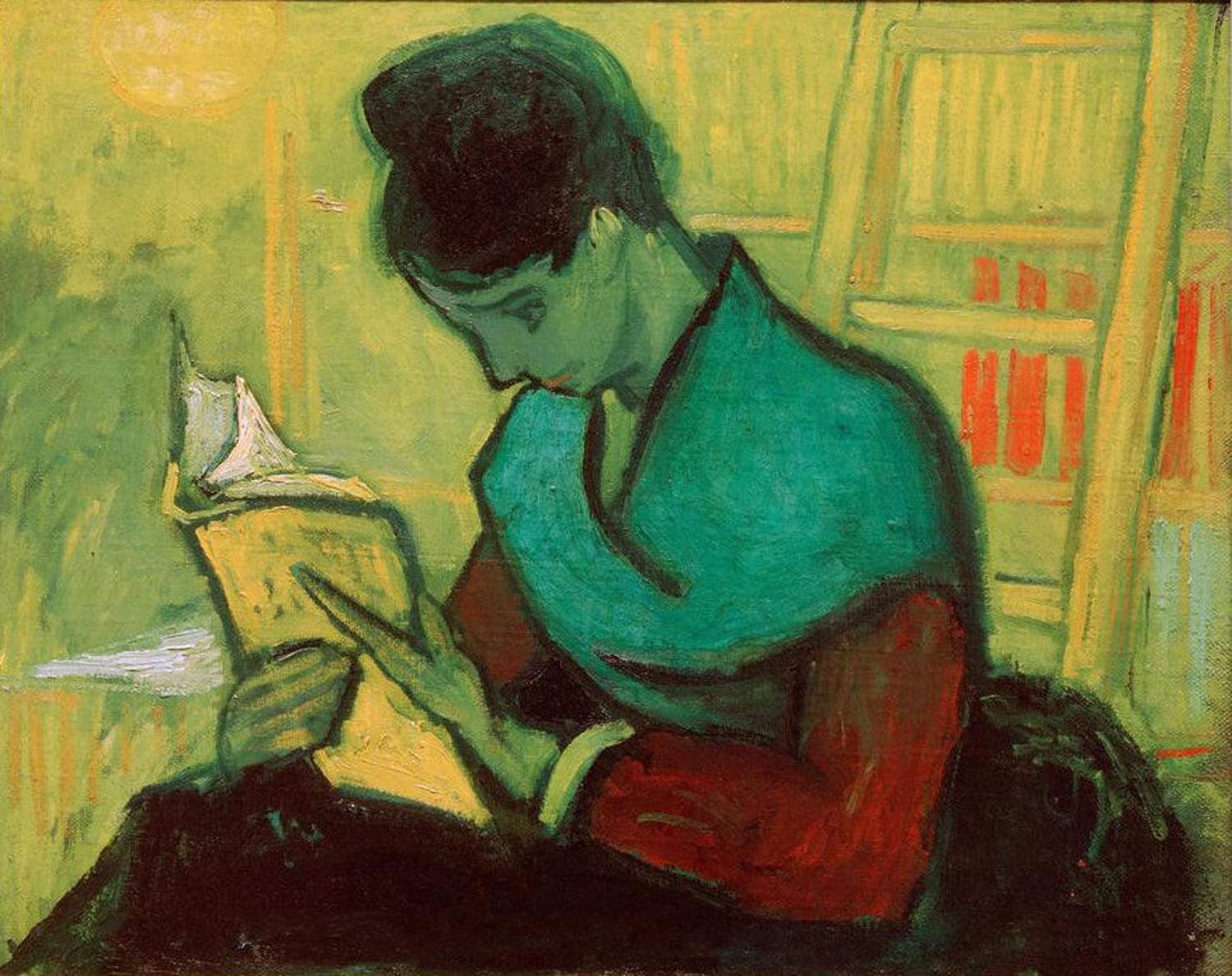 Vincent van Goghs Gemälde einer Frau beim Lesen, in kräftigen Farben und lebendigem Pinselstrich.