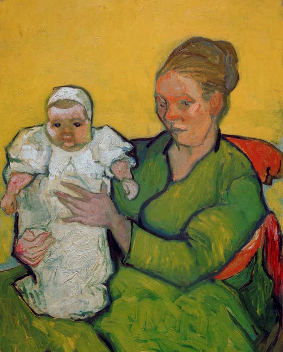 Madame Roulin mit ihrem Kind Marcelle von Vincent van Gogh – farbenfrohes Mutter-Kind-Porträt als hochwertiger Kunstdruck, erhältlich als Poster oder Leinwand.