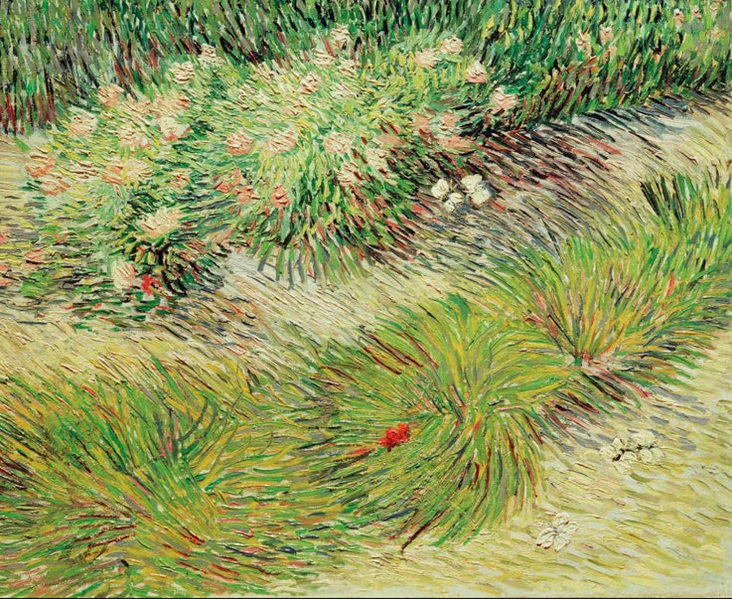 Kunstdruck des Gemäldes „Schmetterlinge und Blumen“ von Vincent van Gogh mit zarten Schmetterlingen über farbenreichen Blüten in lebendigen, impressionistischen Pinselstrichen.