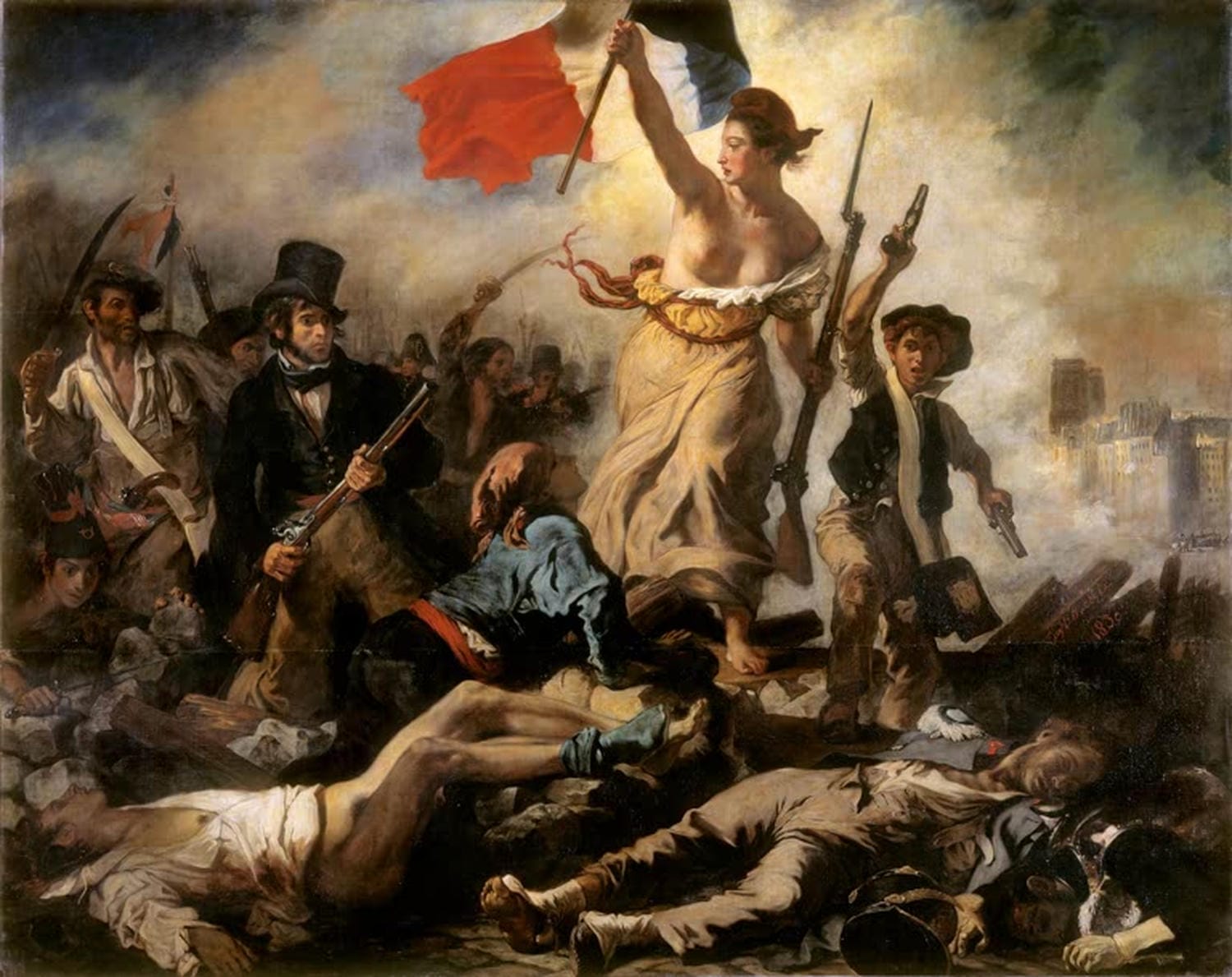 "Die Freiheit führt das Volk von Eugène Delacroix mit Freiheitsfigur, Fahne und Kämpfern im Hintergrund"