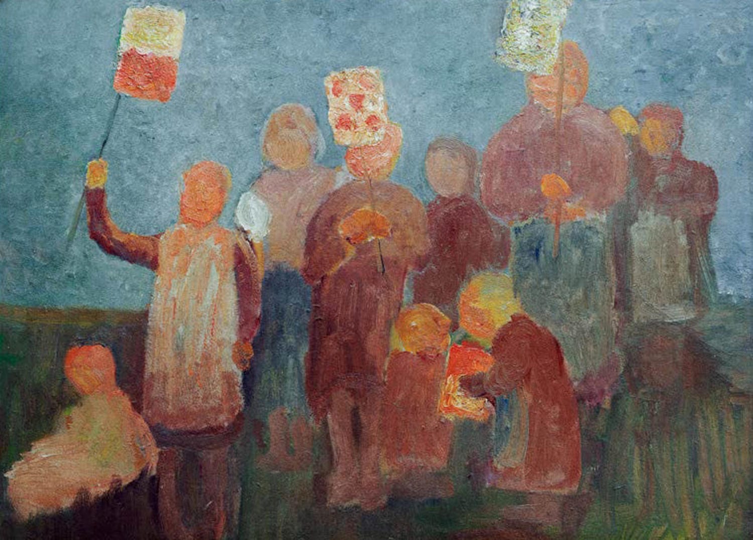Kunstdruck „Kinder mit Laternen“ von Paula Modersohn-Becker, Kinder mit leuchtenden Laternen in stimmungsvoller Abendszene