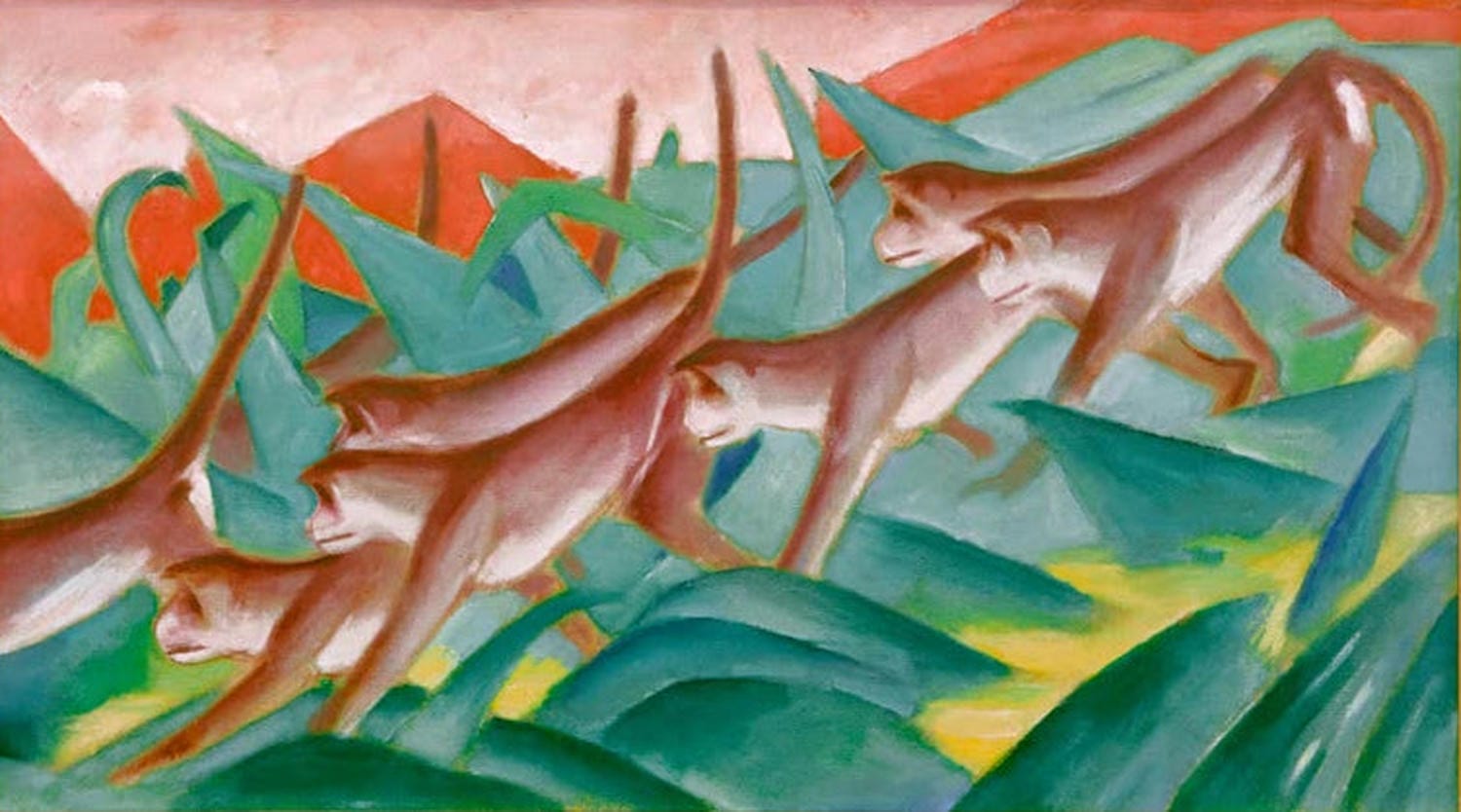 Kunstdruck „Affenfries“ von Franz Marc – expressionistischer Affenfries als hochwertiger Kunstdruck, auf Leinwand oder Poster, optional gerahmt, handgefertigt in Deutschland.