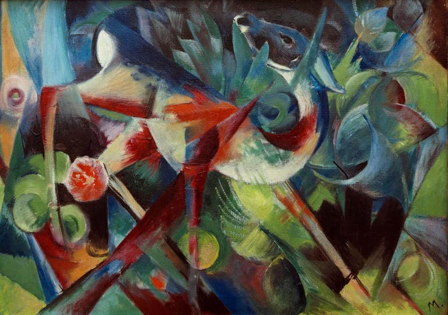 Kunstdruck „Reh im Blumengarten“ von Franz Marc – friedvolle Tier- und Gartenlandschaft als hochwertiger Kunstdruck, auf Leinwand oder Poster, optional gerahmt, handgefertigt in Deutschland.