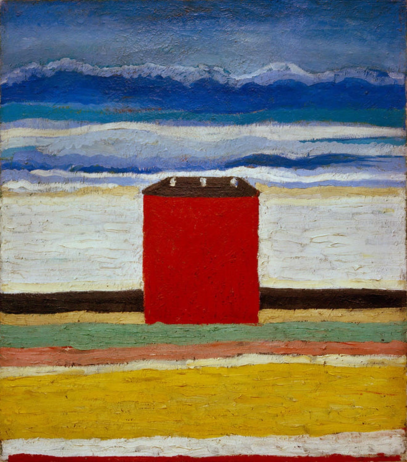 Abstrakte Darstellung eines roten Hauses vor stilisierter Landschaft – Gemälde von Kasimir Malevich.