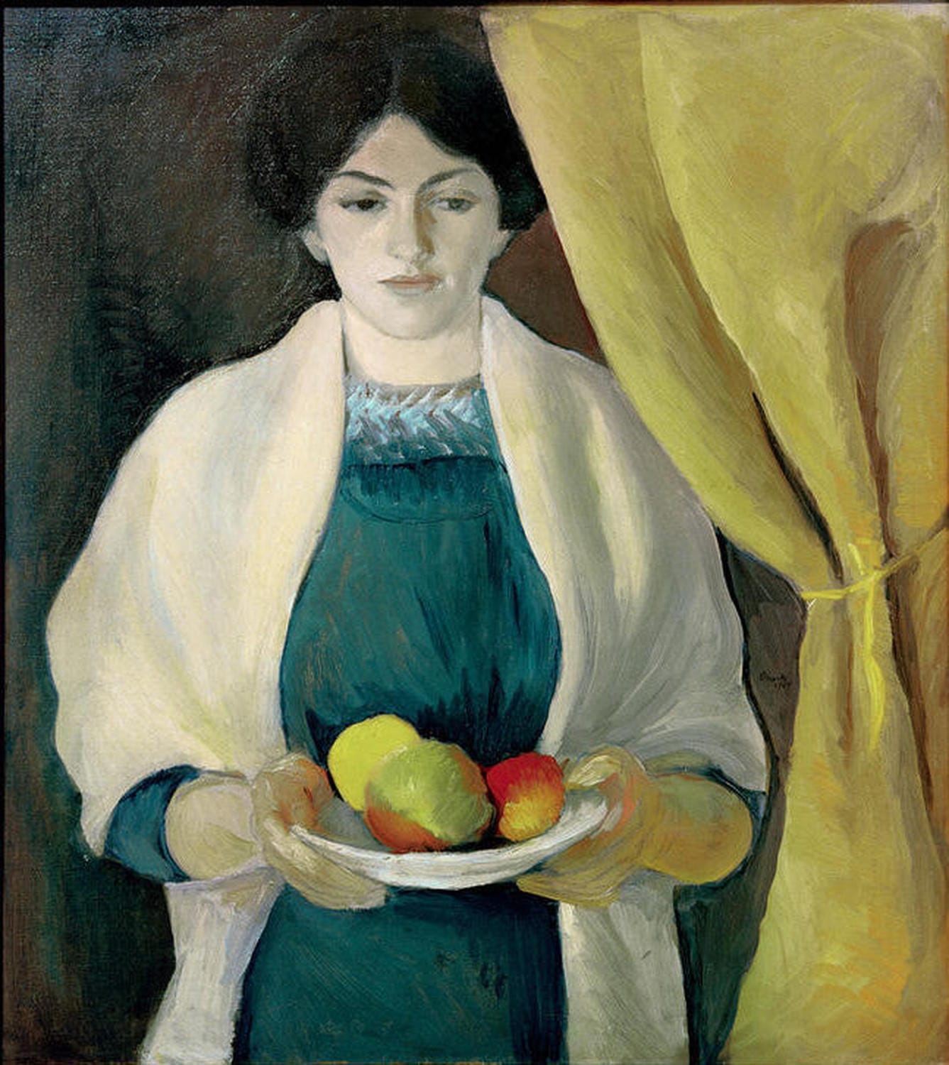 Frau mit Apfelkorb in leuchtenden Farben im expressionistischen Stil von August Macke.