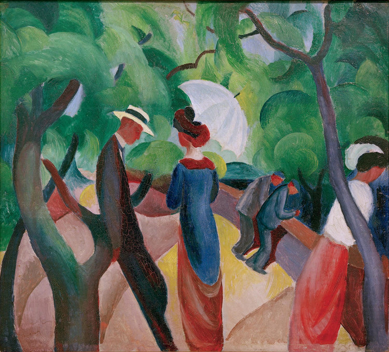 Gemälde 'Promenade' von August Macke: Expressionistische Darstellung von Spaziergängern in einem Park, umgeben von kräftigen Farben und harmonischem Lichtspiel, das eine lebendige und entspannte Atmosphäre einfängt.