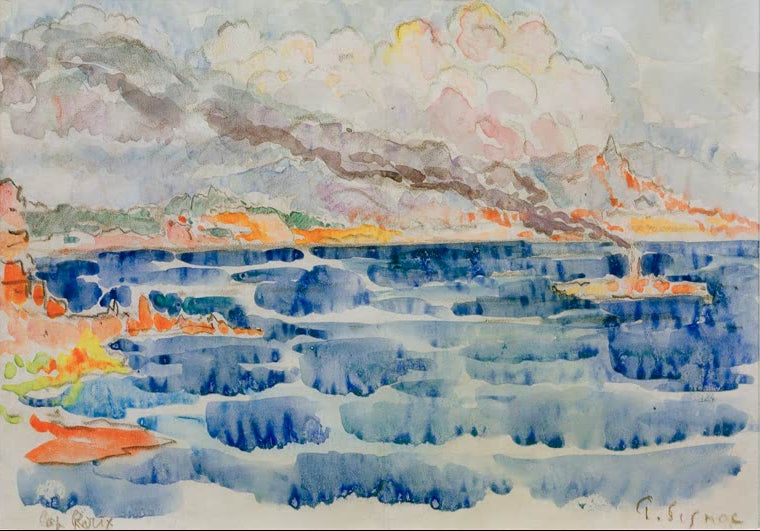 „Cap Roux“ von Paul Signac – farbenfrohe mediterrane Küstenlandschaft mit roten Felsen, blauem Meer und leuchtendem Himmel.