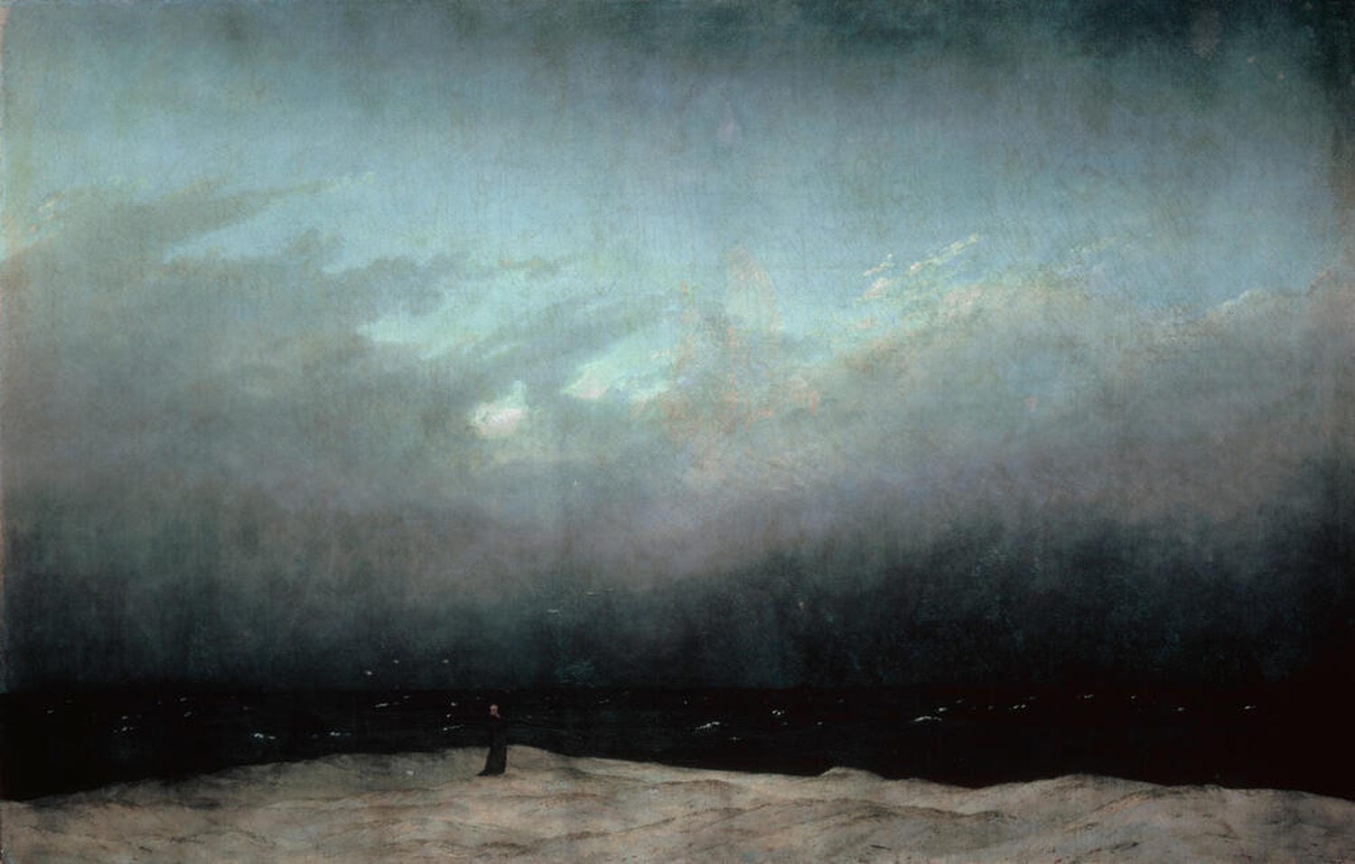 Romantisches Gemälde 'Der Mönch am Meer' von Caspar David Friedrich, das einen einsamen Mönch vor einem weiten, stürmischen Meer zeigt.