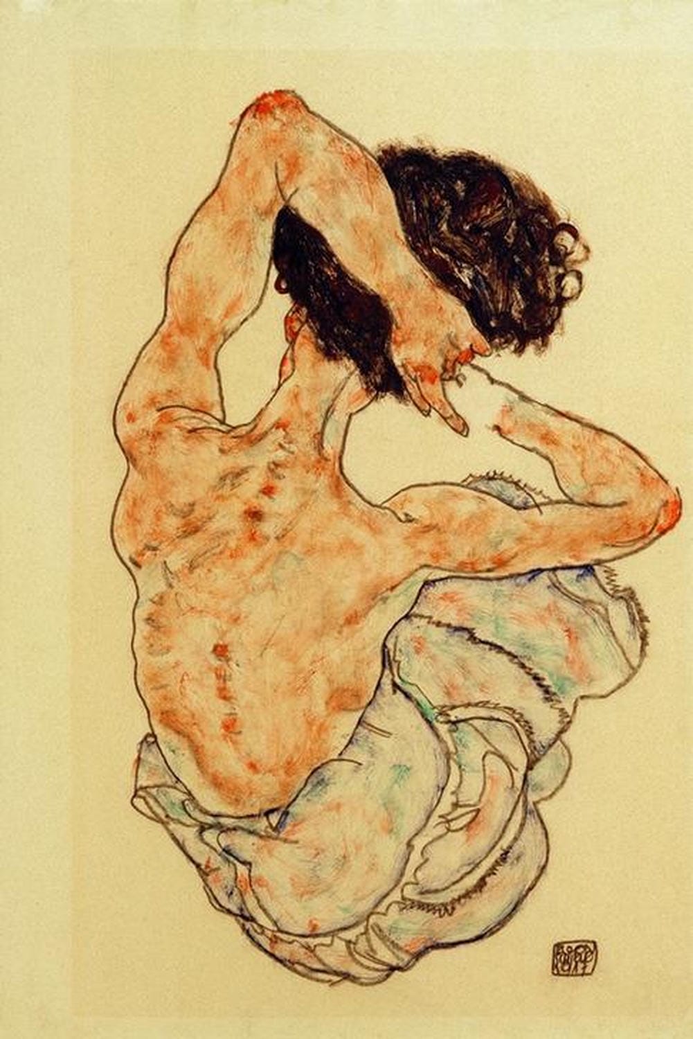 Rückansicht eines weiblichen Akts mit expressiver Linienführung – Gemälde von Egon Schiele.