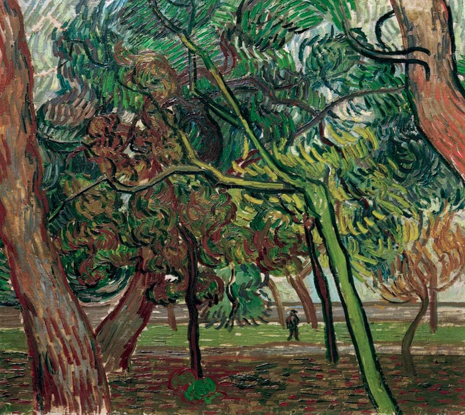 Kunstdruck des Gemäldes „Studie mit Fichten im Herbst“ von Vincent van Gogh mit herbstlichen Fichten in warmen Farben und expressiven Pinselstrichen.