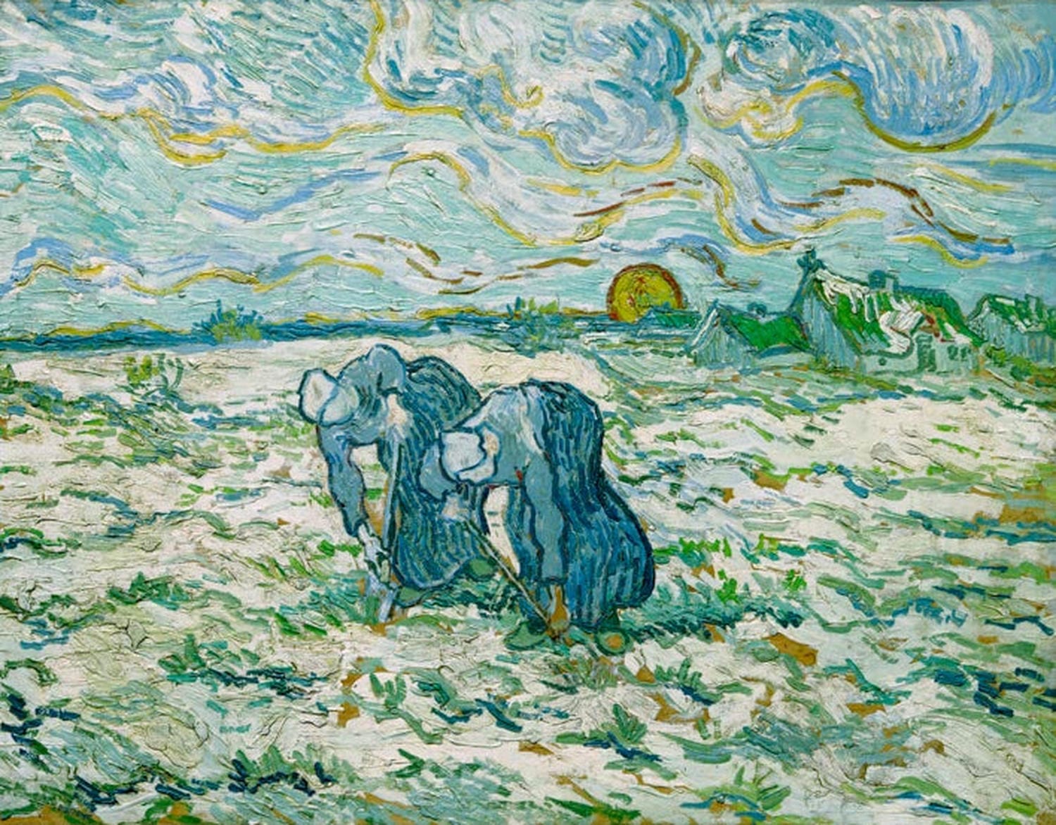 „Zwei grabende Bäuerinnen auf schneebedecktem Feld“ von Vincent van Gogh – postimpressionistische Winterlandschaft mit zwei arbeitenden Bäuerinnen, dynamischen Pinselstrichen und stimmungsvoller Farbgestaltung.