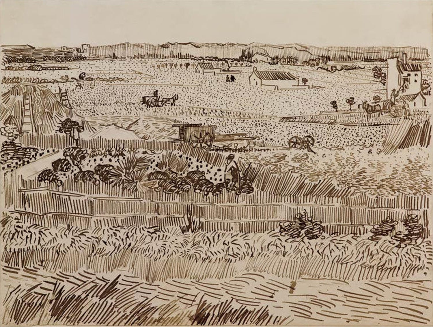 „Die Ernte“ von Vincent van Gogh: Bauern auf den Feldern bei der Ernte, in kräftigen Farben und mit dynamischen, sichtbaren Pinselstrichen dargestellt.