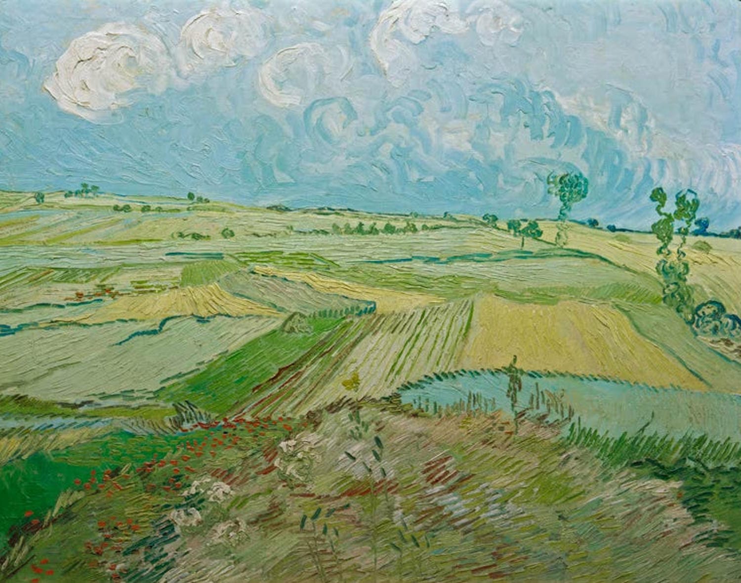 Kunstdruck „Weizenfelder in Auvers“ von Vincent van Gogh mit weiten goldgelben Feldern, dramatischem Himmel und dynamischem Pinselstrich.