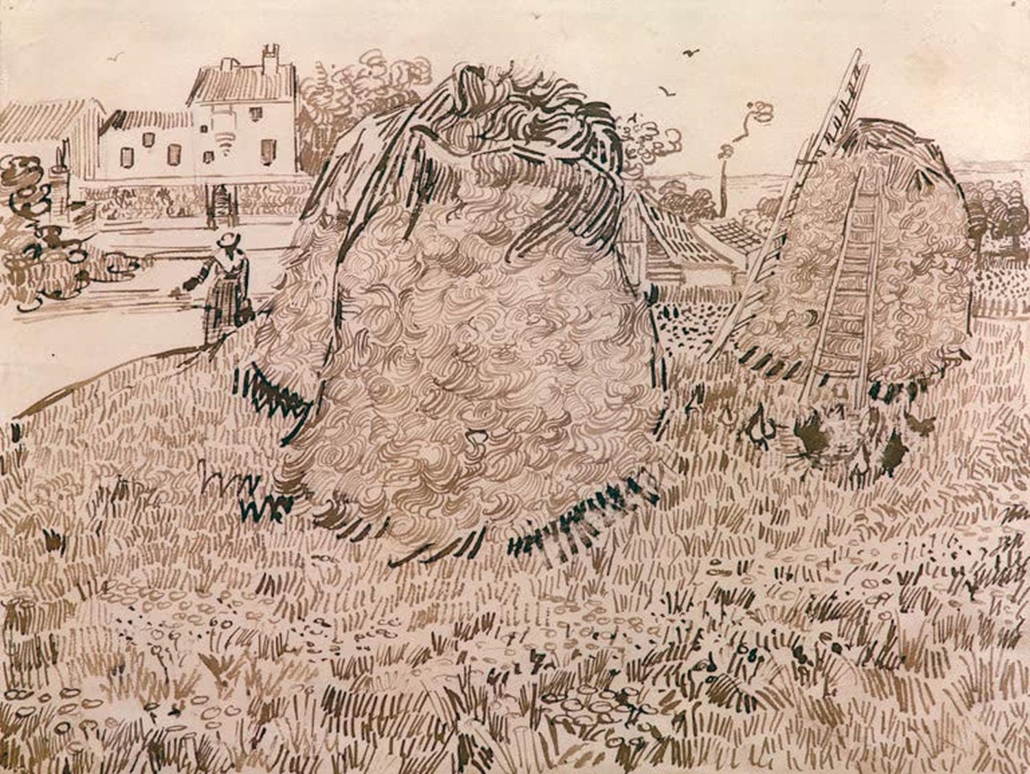Kunstdruck des Gemäldes „Die Strohhaufen“ von Vincent van Gogh mit Feldern und leuchtenden Strohhaufen, lebendig in Farbe und typischen Pinselstrichen.