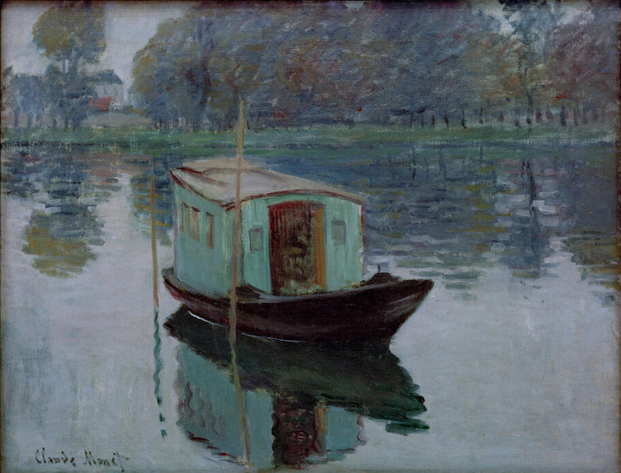 Claude Monets Gemälde eines kleinen Atelierboots auf der Seine mit ruhigem Wasser und weicher Lichtstimmung.