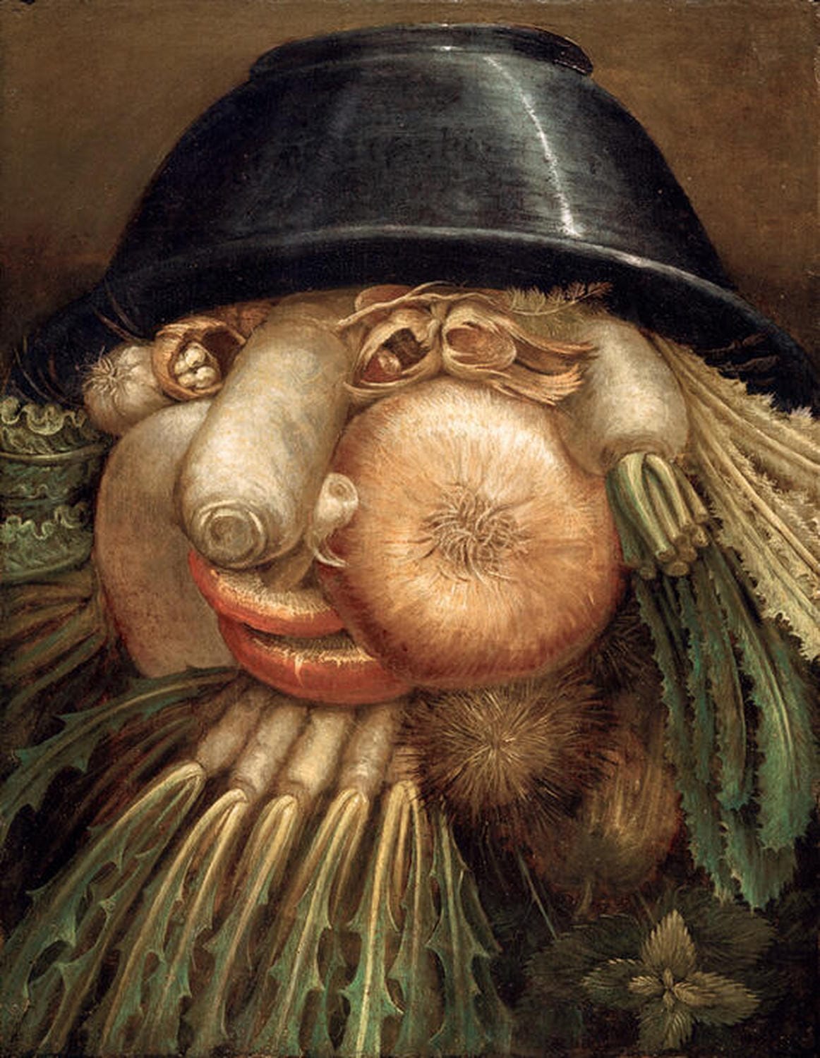 Kunstdruck von Giuseppe Arcimboldos Der Gemüsegärtner, das ein Porträt eines Mannes zeigt, dessen Gesicht und Kleidung aus verschiedenen Gemüsesorten wie Pastinaken, Zwiebeln und Blättern zusammengesetzt sind.