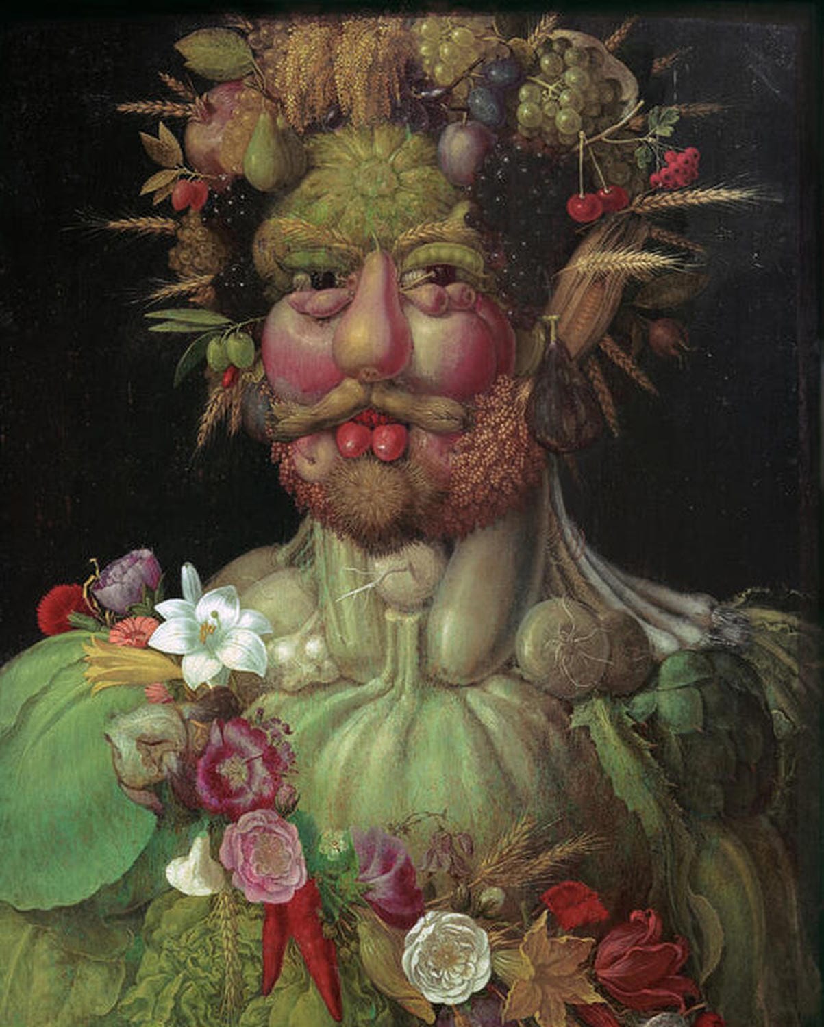 Kunstdruck von Giuseppe Arcimboldos Vertumnus, der Kaiser Rudolf II. als römischen Gott darstellt, zusammengesetzt aus einer Vielzahl von Früchten, Gemüse und Blumen, die zu einem Porträt arrangiert sind.