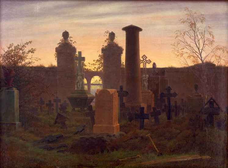 „Kügelgens Grab“ von Caspar David Friedrich – romantische Landschaft mit dem Grabmal von Gerhard von Kügelgen zwischen Bäumen.