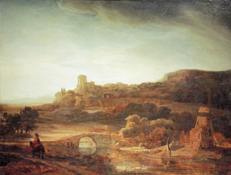 Flußlandschaft mit Windmühle | Rembrandt van Rijn