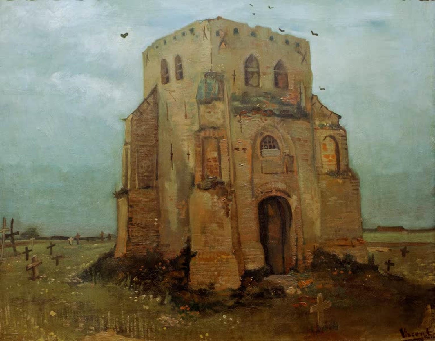 Der alte Kirchturm zu Nuenen von Vincent van Gogh – stimmungsvolle Dorfszene mit historischem Kirchturm, als hochwertiger Kunstdruck auf Poster oder Leinwand erhältlich.