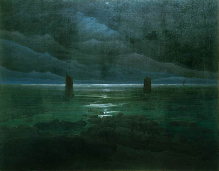 „Mond hinter Wolken über dem Meeresufer“ von Caspar David Friedrich – Meeresküste bei Mondschein mit Wolken und sanft beleuchtetem Meer.