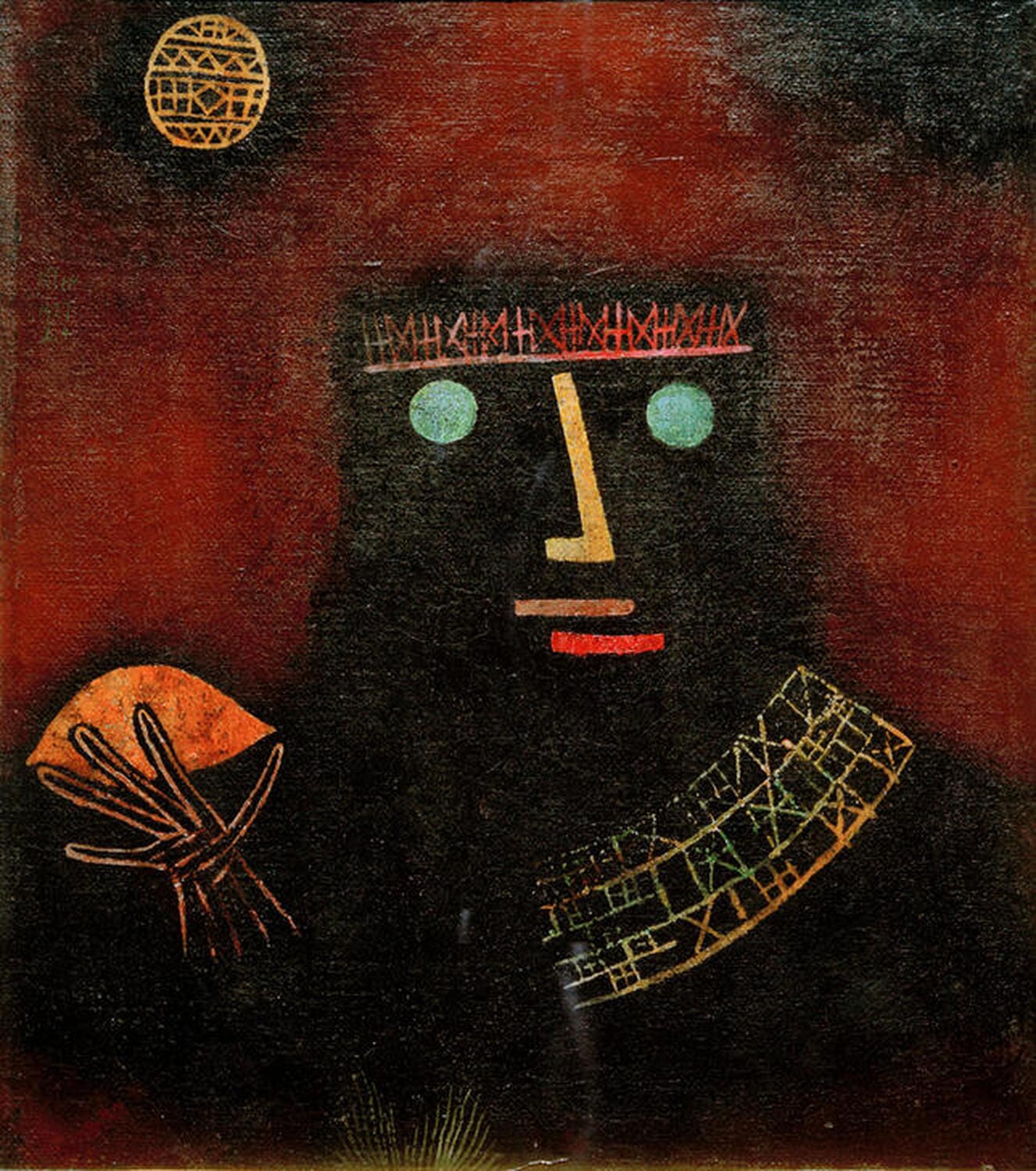 Abstraktes Porträt eines Fürsten mit dunkler Silhouette und farbigen Akzenten, gemalt von Paul Klee.