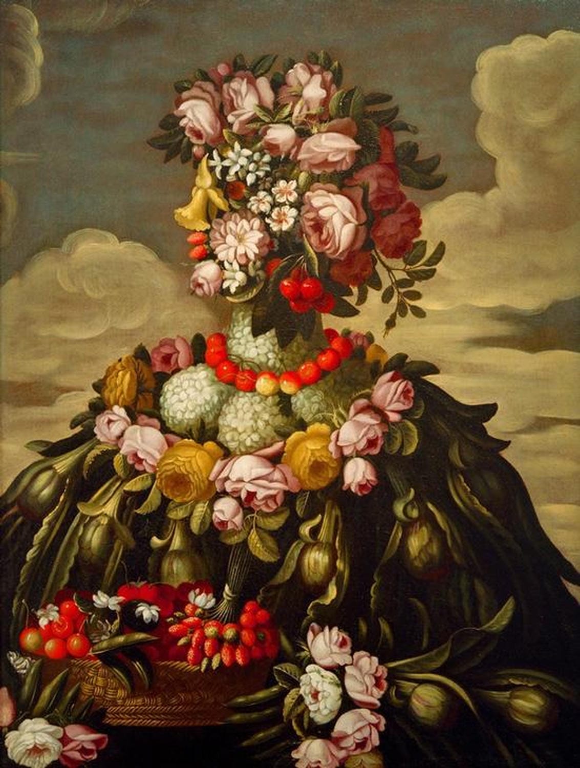 Gemälde „Allegorie des Frühlings“ von Giuseppe Arcimboldo – weibliche Figur aus Blumen und Blättern vor hellem Himmel